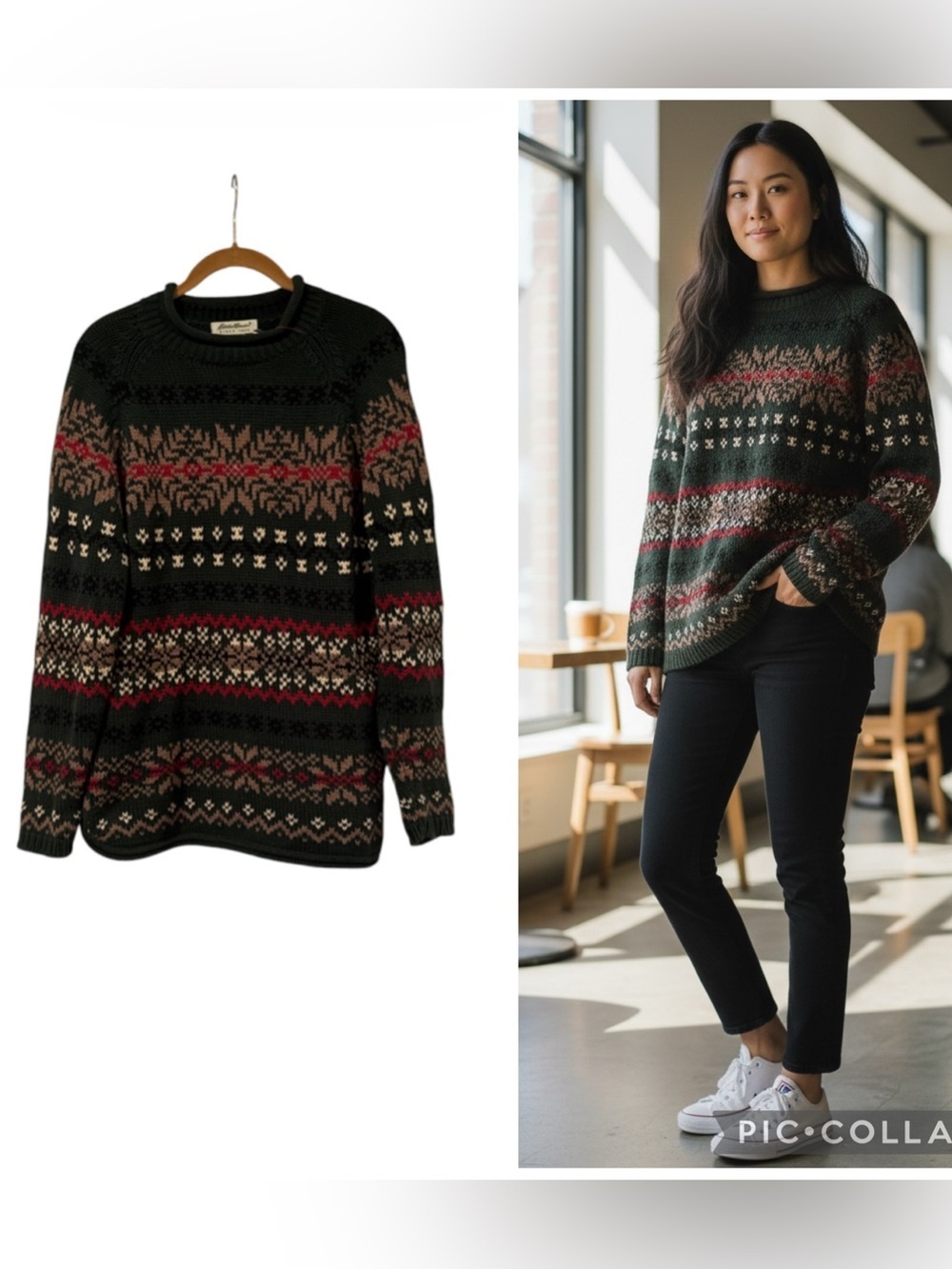 Eddie Bauer Fair Isle Nordic Cotton Sweater Green Red Nordic Knit Size S